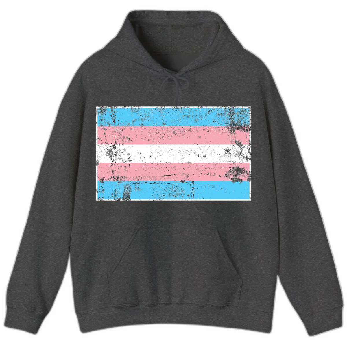 Distressed transgender pride flag with cyan, pink, and white horizontal stripes and weathered grunge texture in Dark Heather