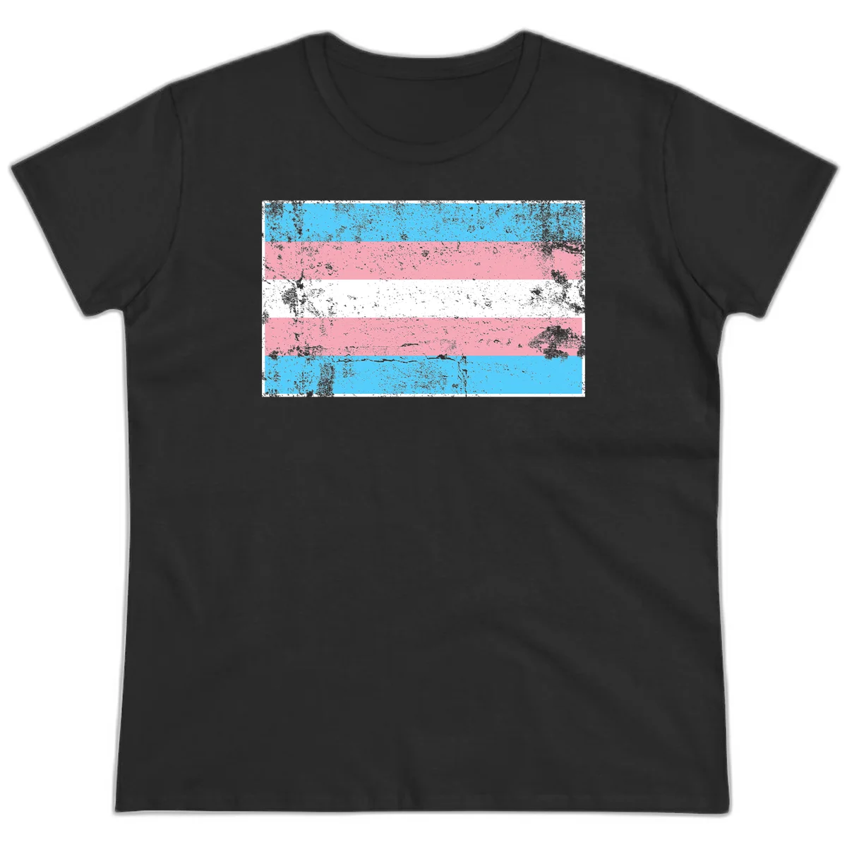 Distressed transgender pride flag with cyan, pink, and white horizontal stripes and weathered grunge texture in Black