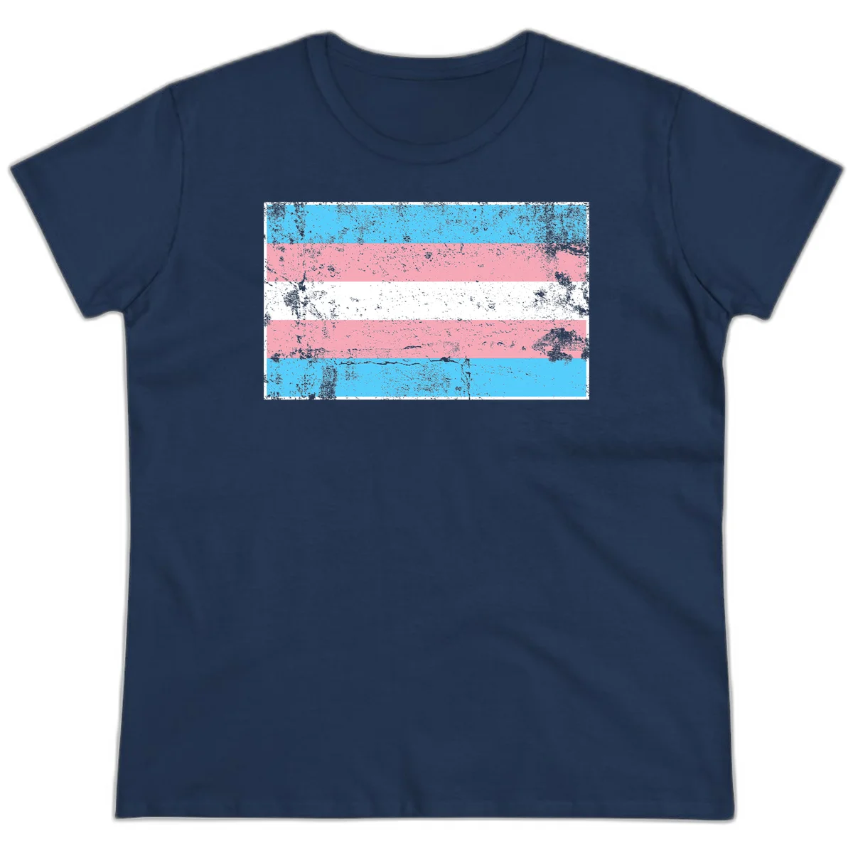Distressed transgender pride flag with cyan, pink, and white horizontal stripes and weathered grunge texture in Navy