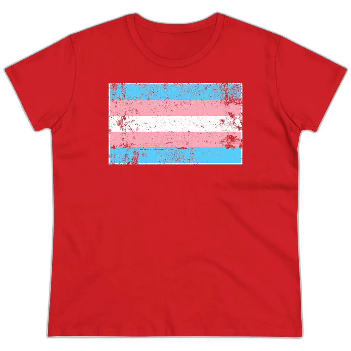 Distressed transgender pride flag with cyan, pink, and white horizontal stripes and weathered grunge texture in Red