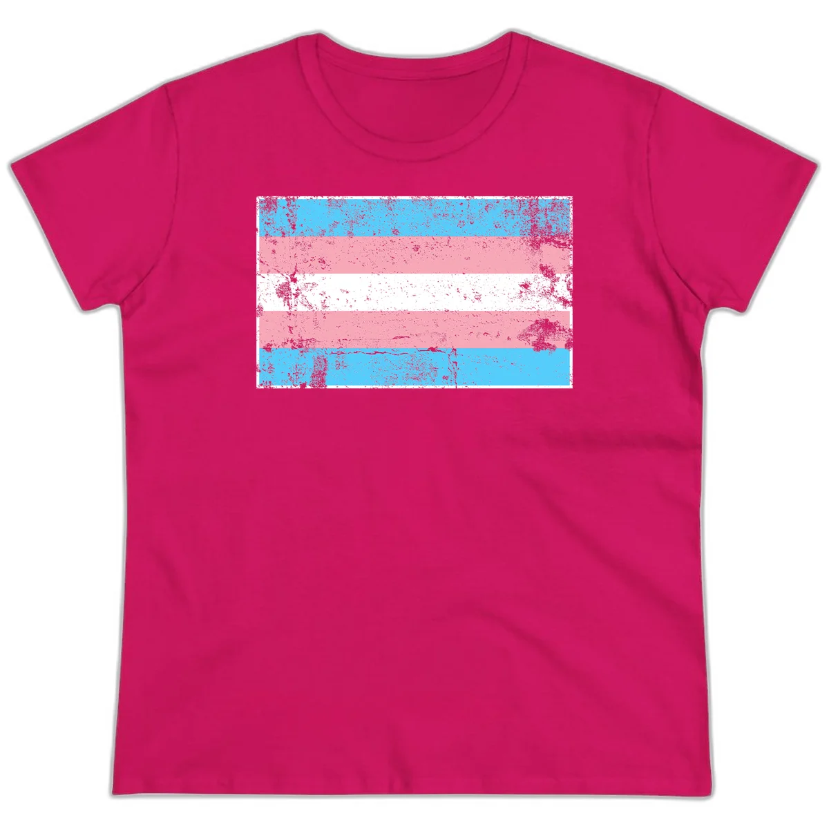 Distressed transgender pride flag with cyan, pink, and white horizontal stripes and weathered grunge texture in Heliconia