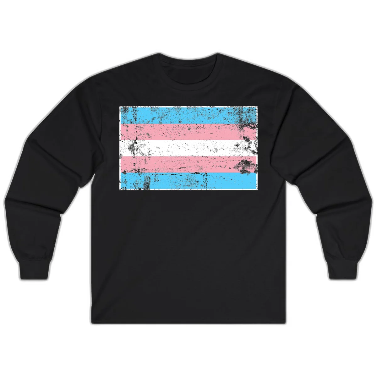 Distressed transgender pride flag with cyan, pink, and white horizontal stripes and weathered grunge texture in Black