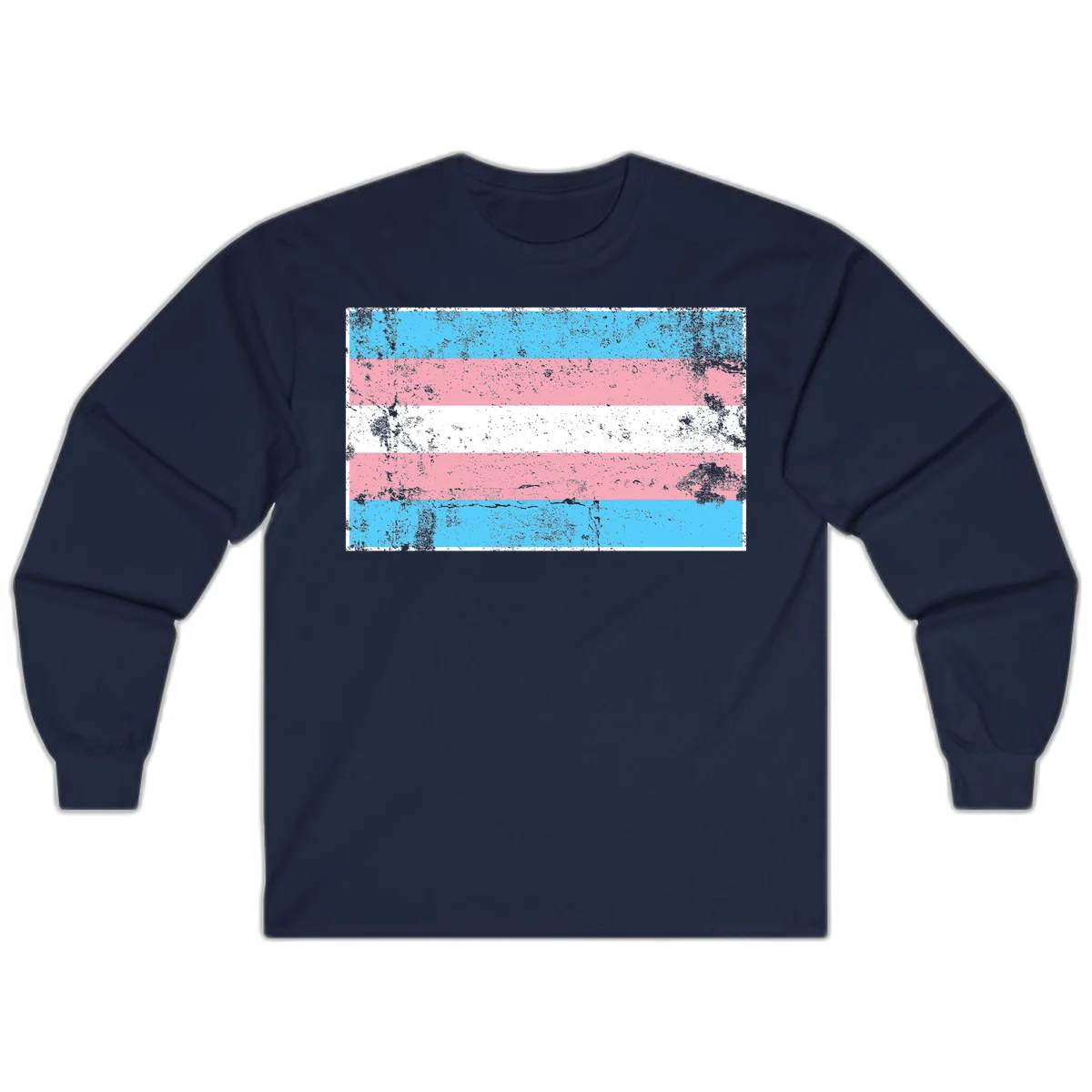 Distressed transgender pride flag with cyan, pink, and white horizontal stripes and weathered grunge texture in Navy