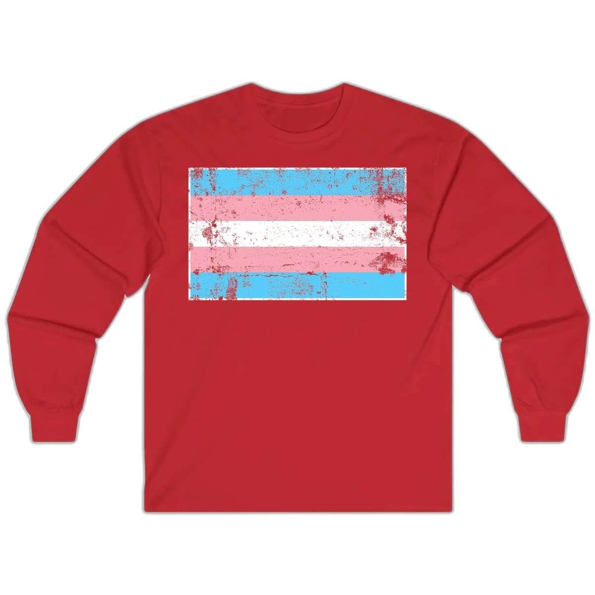 Distressed transgender pride flag with cyan, pink, and white horizontal stripes and weathered grunge texture in Red