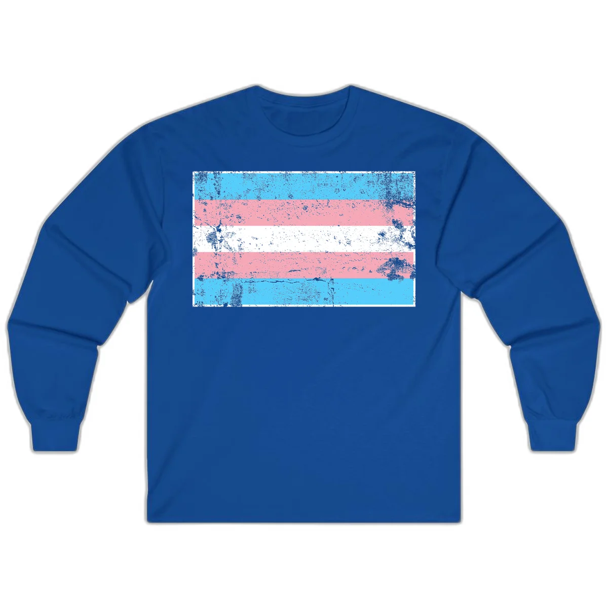 Distressed transgender pride flag with cyan, pink, and white horizontal stripes and weathered grunge texture in Royal