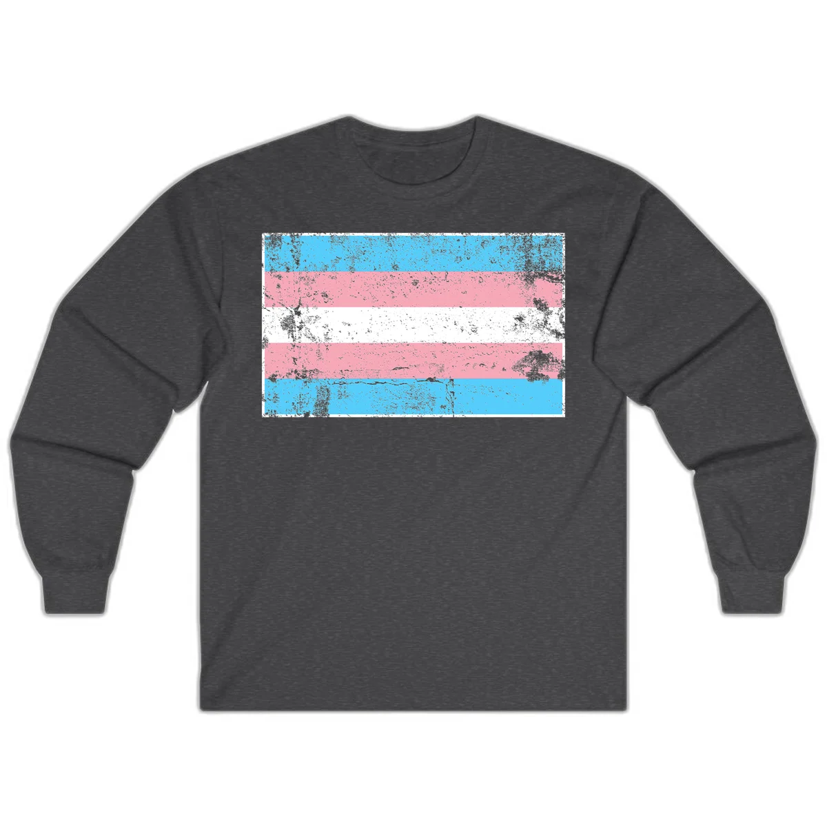 Distressed transgender pride flag with cyan, pink, and white horizontal stripes and weathered grunge texture in Dark Heather