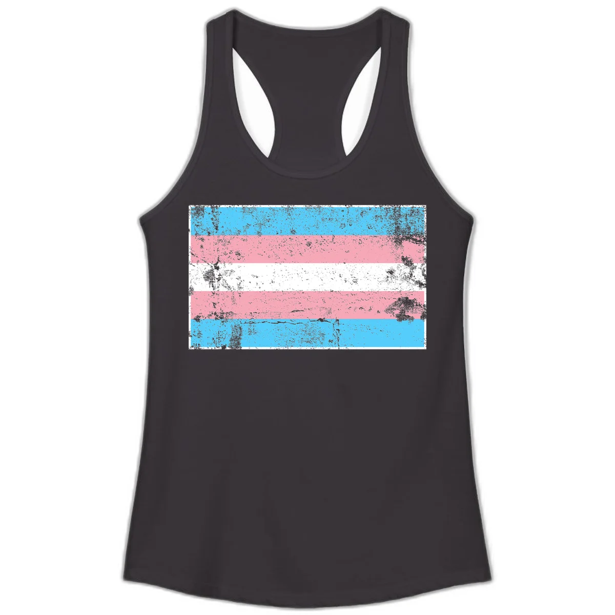 Distressed transgender pride flag with cyan, pink, and white horizontal stripes and weathered grunge texture in Black