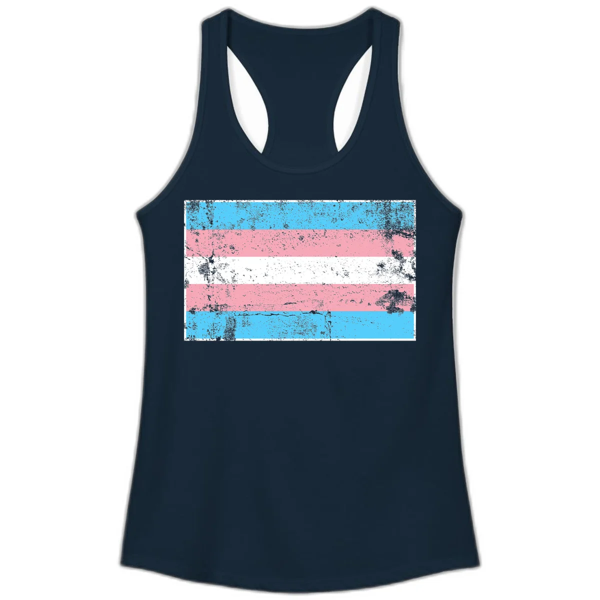 Distressed transgender pride flag with cyan, pink, and white horizontal stripes and weathered grunge texture in Solid Midnight Navy