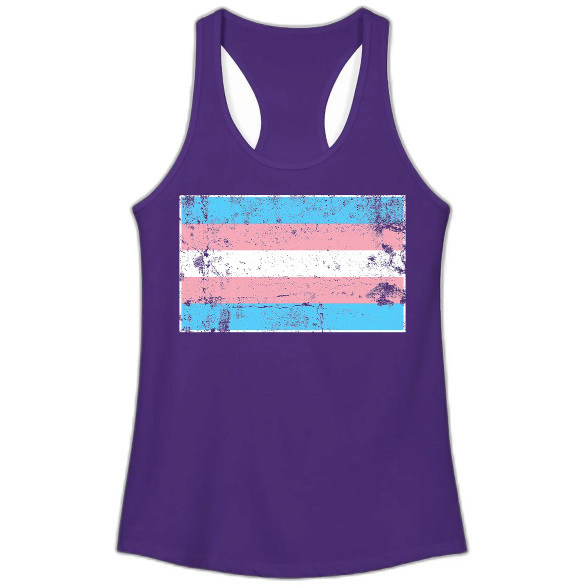Distressed transgender pride flag with cyan, pink, and white horizontal stripes and weathered grunge texture in Solid Purple Rush