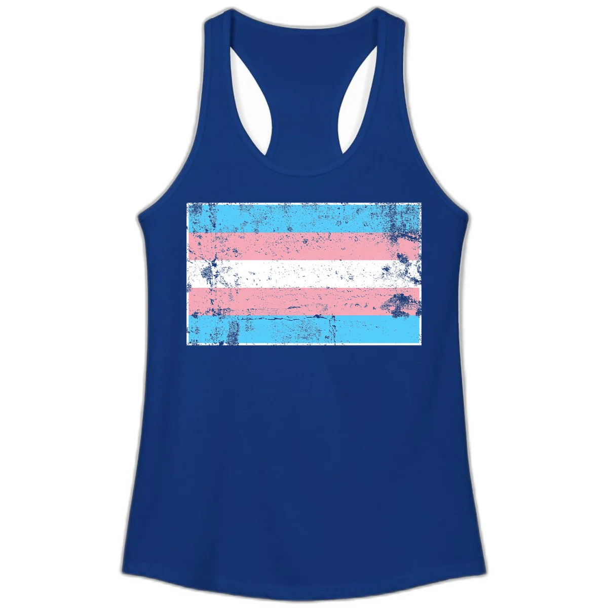 Distressed transgender pride flag with cyan, pink, and white horizontal stripes and weathered grunge texture in Solid Royal