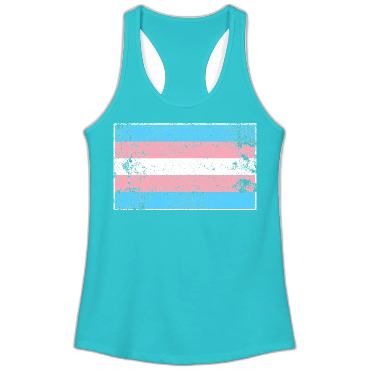 Distressed transgender pride flag with cyan, pink, and white horizontal stripes and weathered grunge texture in Solid Tahiti Blue