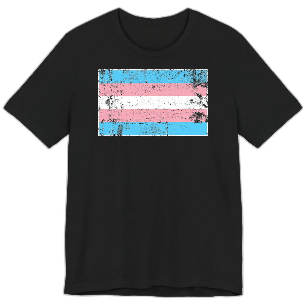 Distressed transgender pride flag with cyan, pink, and white horizontal stripes and weathered grunge texture in Black