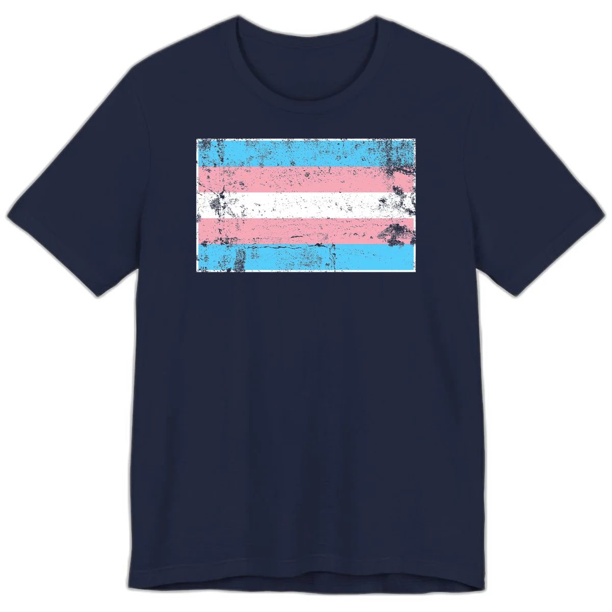 Distressed transgender pride flag with cyan, pink, and white horizontal stripes and weathered grunge texture in Navy