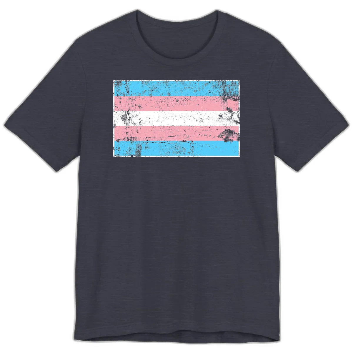 Distressed transgender pride flag with cyan, pink, and white horizontal stripes and weathered grunge texture in Heather Midnight Navy