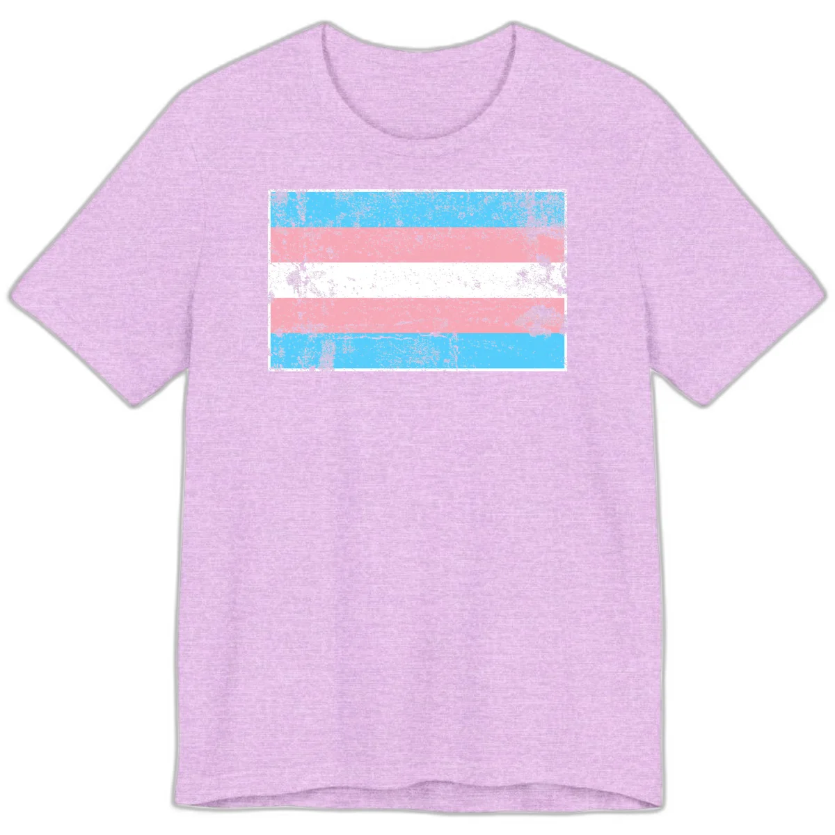Distressed transgender pride flag with cyan, pink, and white horizontal stripes and weathered grunge texture in Heather Prism Lilac