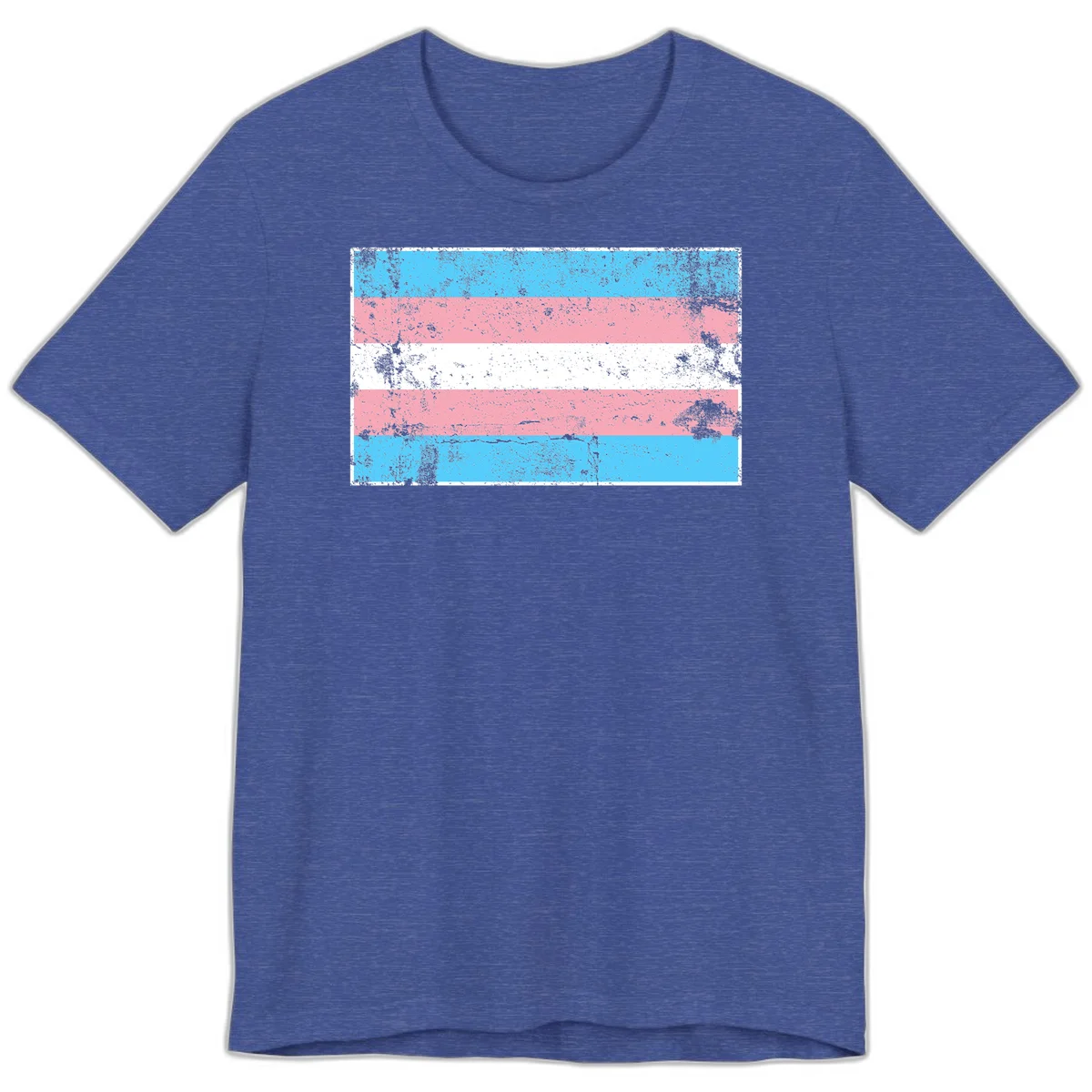 Distressed transgender pride flag with cyan, pink, and white horizontal stripes and weathered grunge texture in Heather True Royal