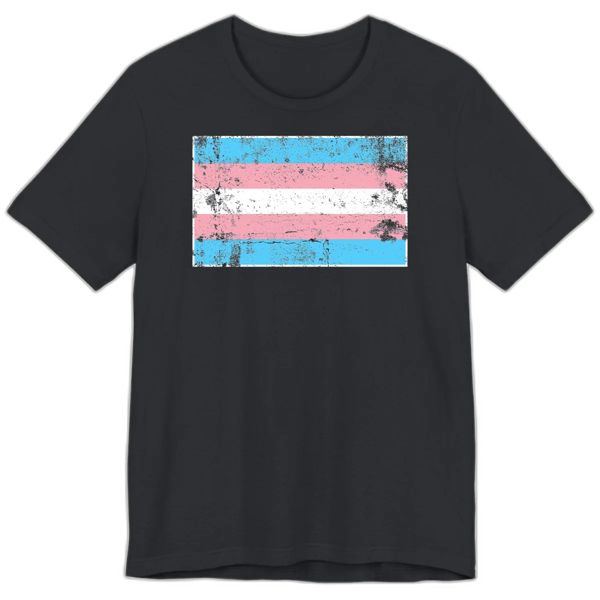 Distressed transgender pride flag with cyan, pink, and white horizontal stripes and weathered grunge texture in Vintage Black