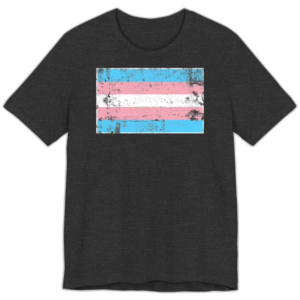 Distressed transgender pride flag with cyan, pink, and white horizontal stripes and weathered grunge texture in Dark Grey Heather