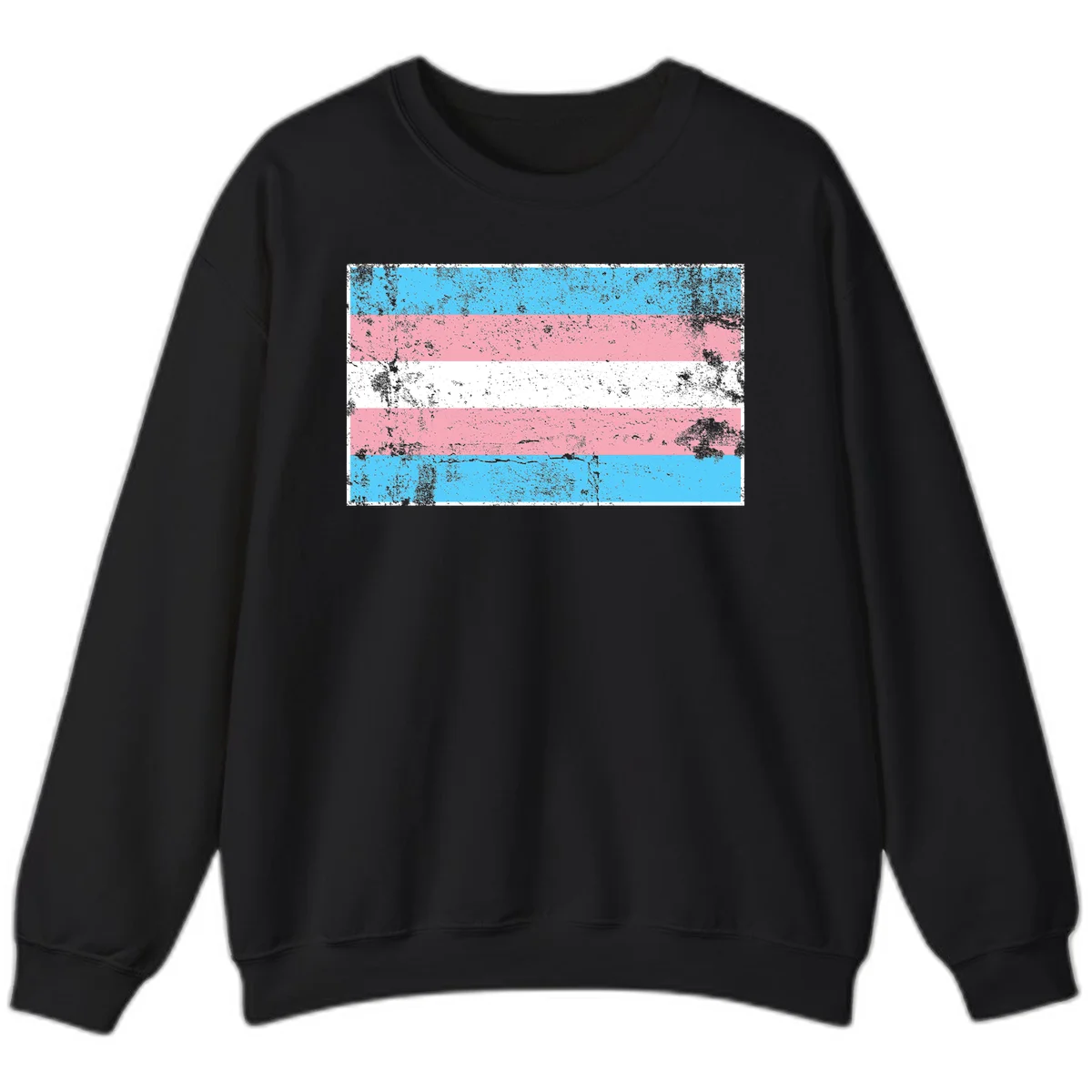 Distressed transgender pride flag with cyan, pink, and white horizontal stripes and weathered grunge texture in Black