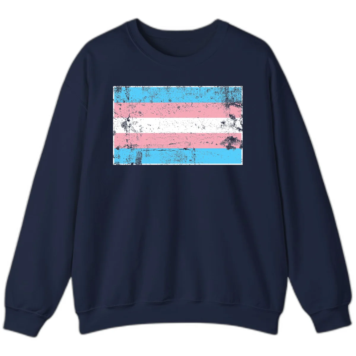 Distressed transgender pride flag with cyan, pink, and white horizontal stripes and weathered grunge texture in Navy