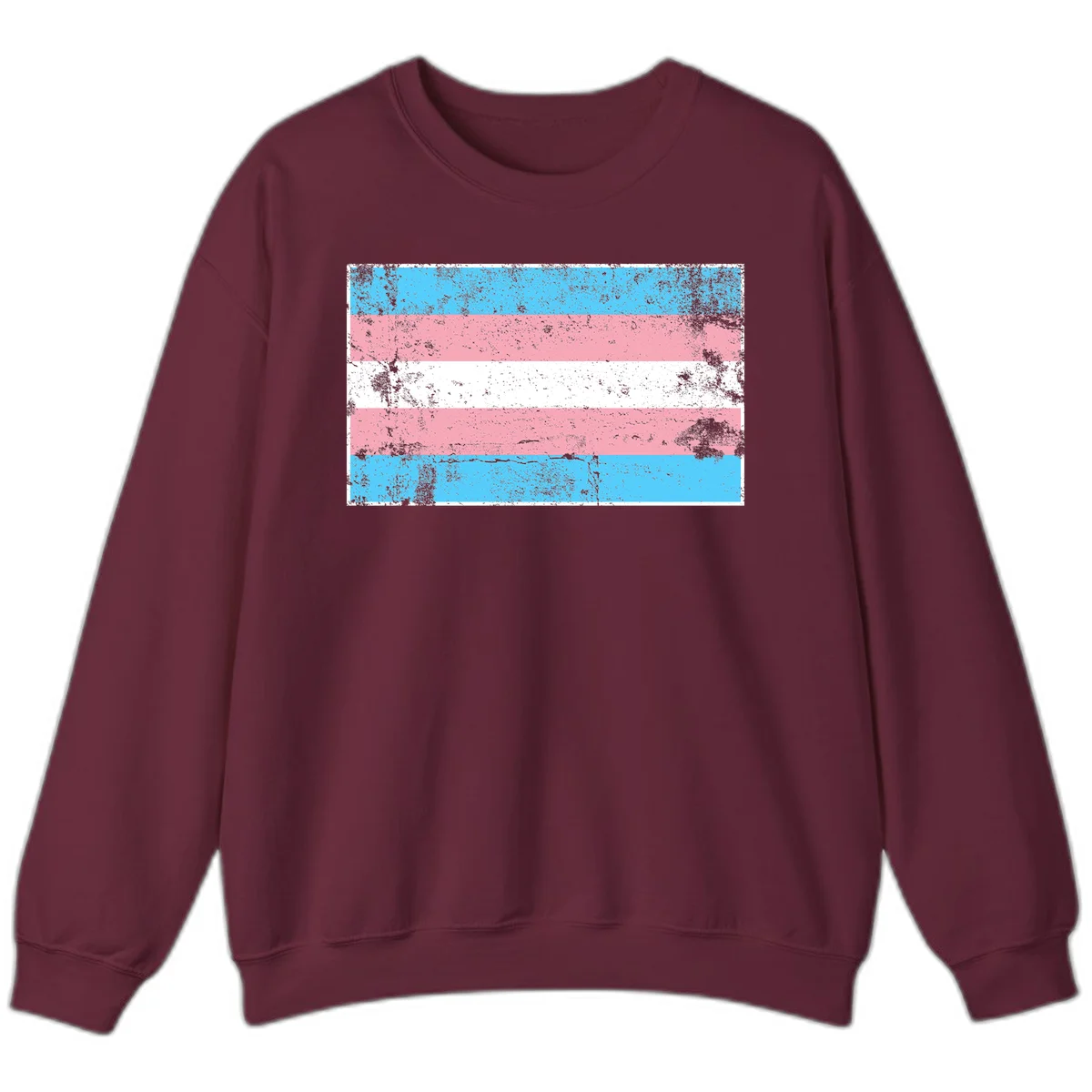 Distressed transgender pride flag with cyan, pink, and white horizontal stripes and weathered grunge texture in Maroon