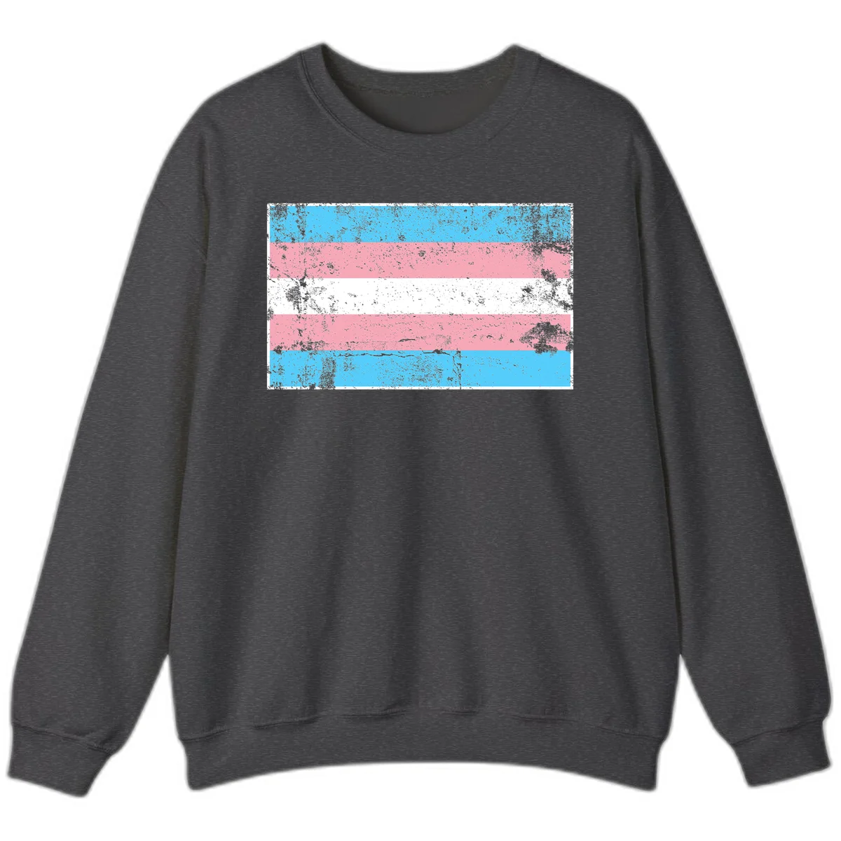 Distressed transgender pride flag with cyan, pink, and white horizontal stripes and weathered grunge texture in Dark Heather