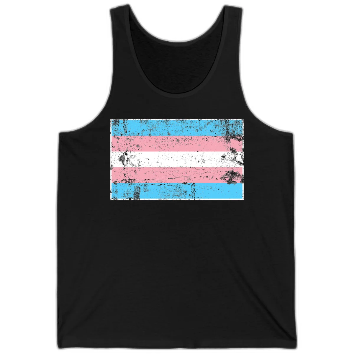 Distressed transgender pride flag with cyan, pink, and white horizontal stripes and weathered grunge texture in Black