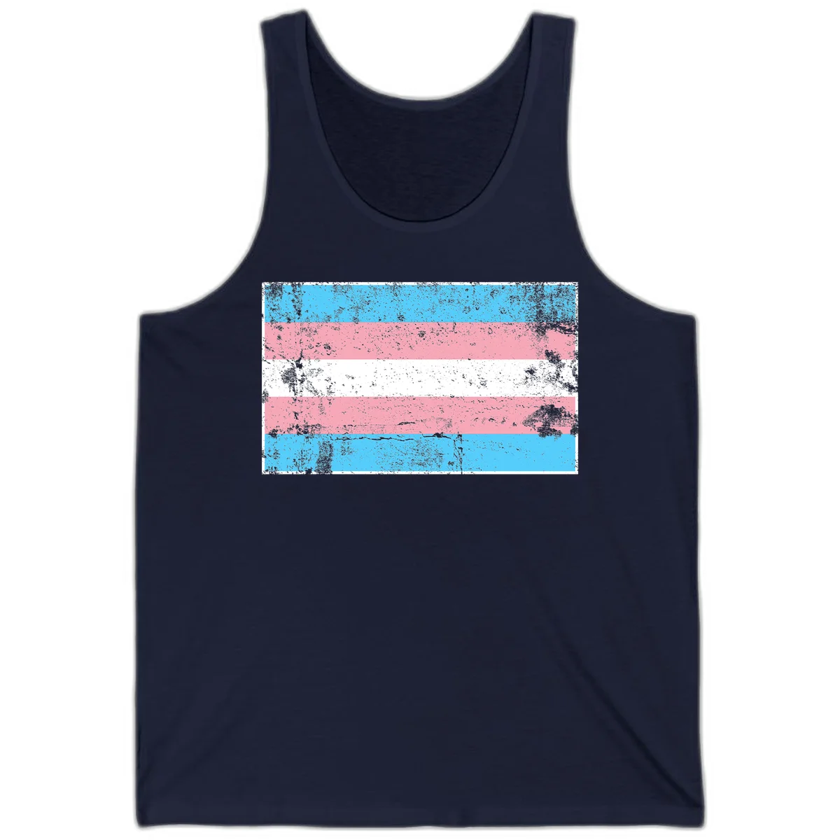 Distressed transgender pride flag with cyan, pink, and white horizontal stripes and weathered grunge texture in Navy