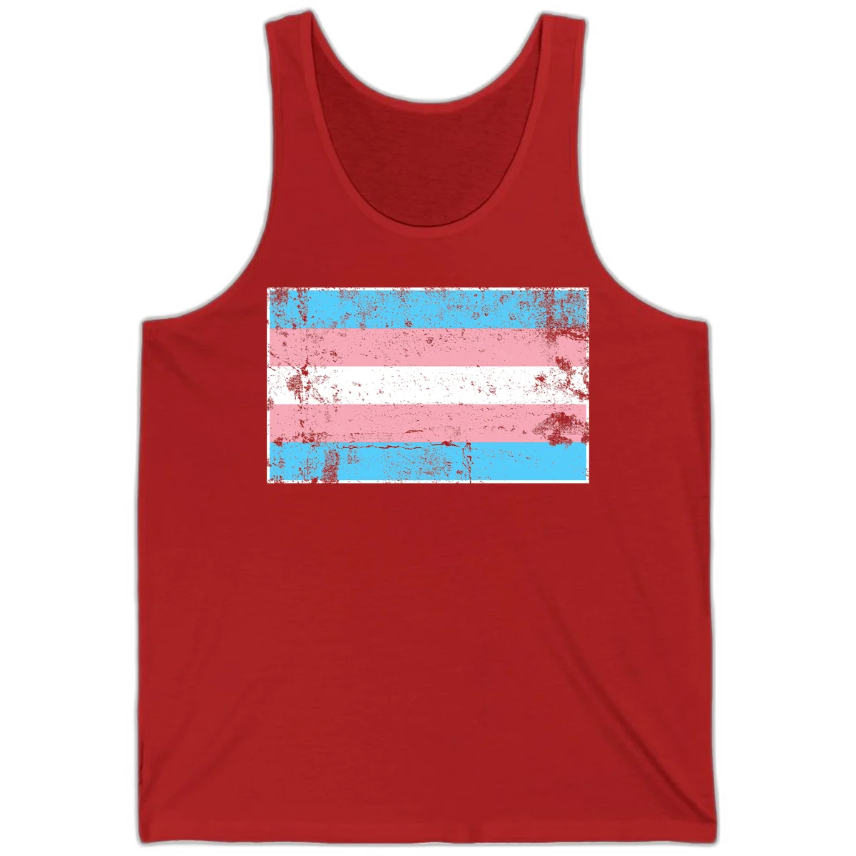 Distressed transgender pride flag with cyan, pink, and white horizontal stripes and weathered grunge texture in Red