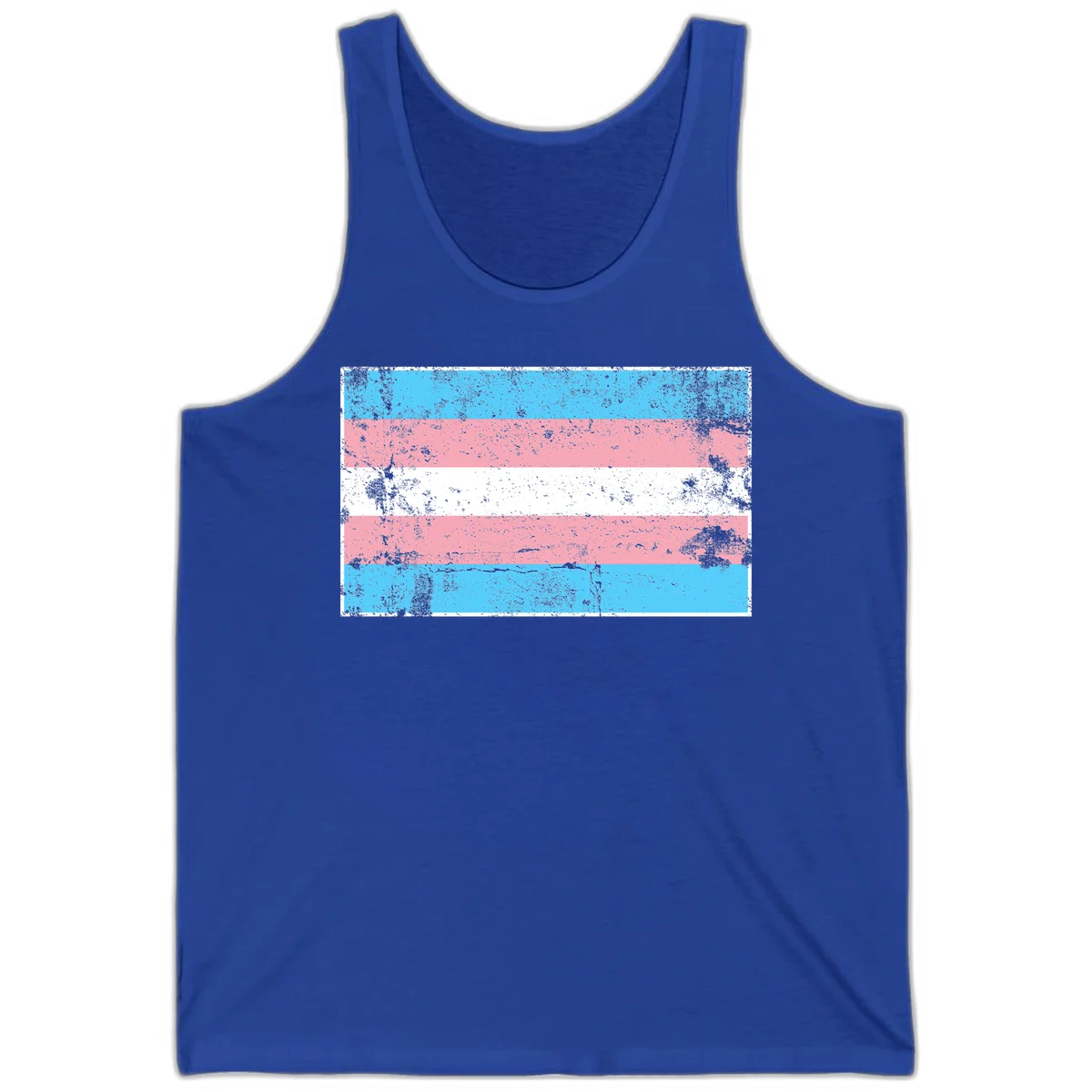 Distressed transgender pride flag with cyan, pink, and white horizontal stripes and weathered grunge texture in True Royal