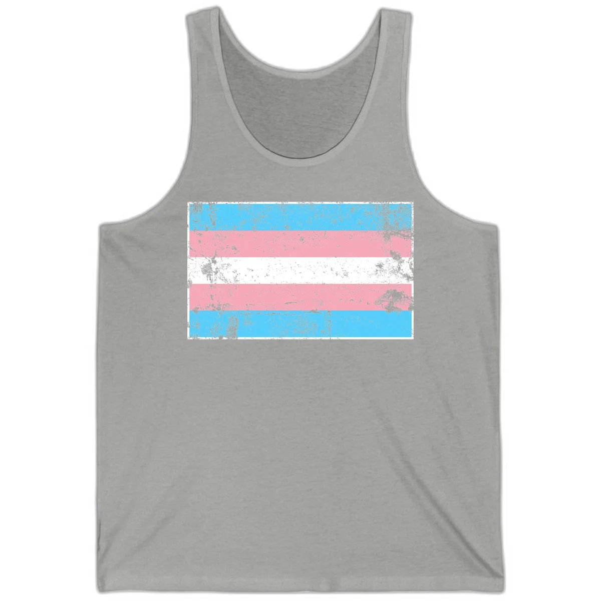 Distressed transgender pride flag with cyan, pink, and white horizontal stripes and weathered grunge texture in Athletic Heather