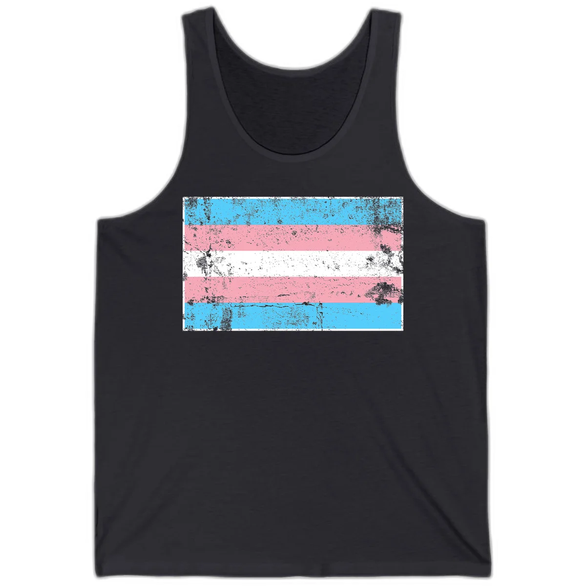 Distressed transgender pride flag with cyan, pink, and white horizontal stripes and weathered grunge texture in Dark Grey
