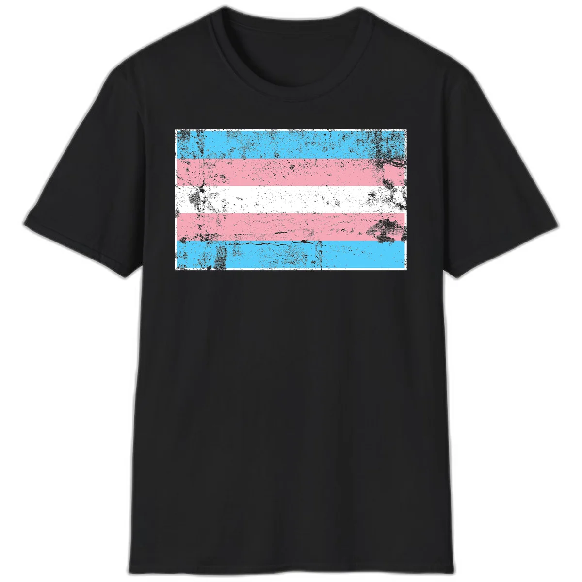 Distressed transgender pride flag with cyan, pink, and white horizontal stripes and weathered grunge texture in Black