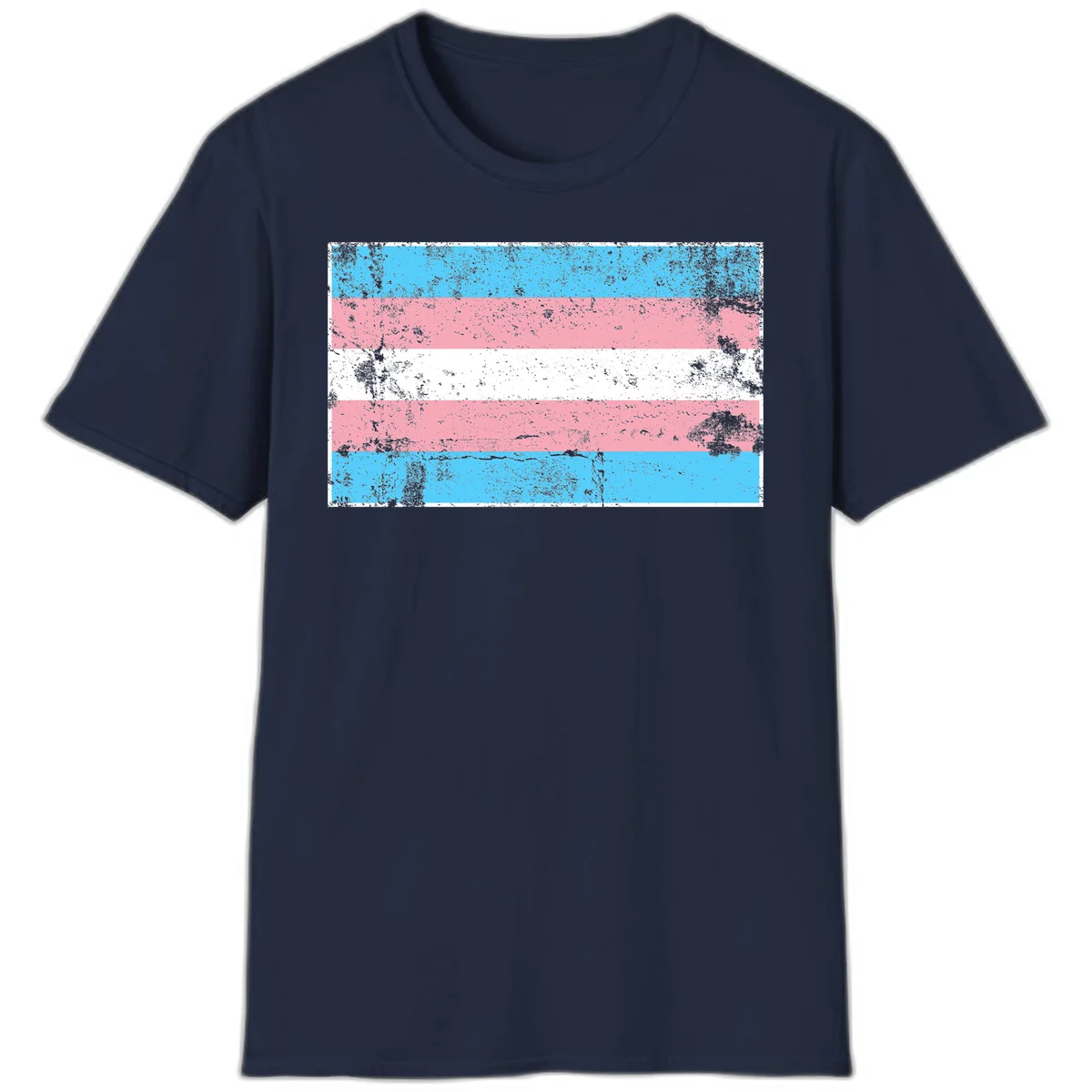Distressed transgender pride flag with cyan, pink, and white horizontal stripes and weathered grunge texture in Navy