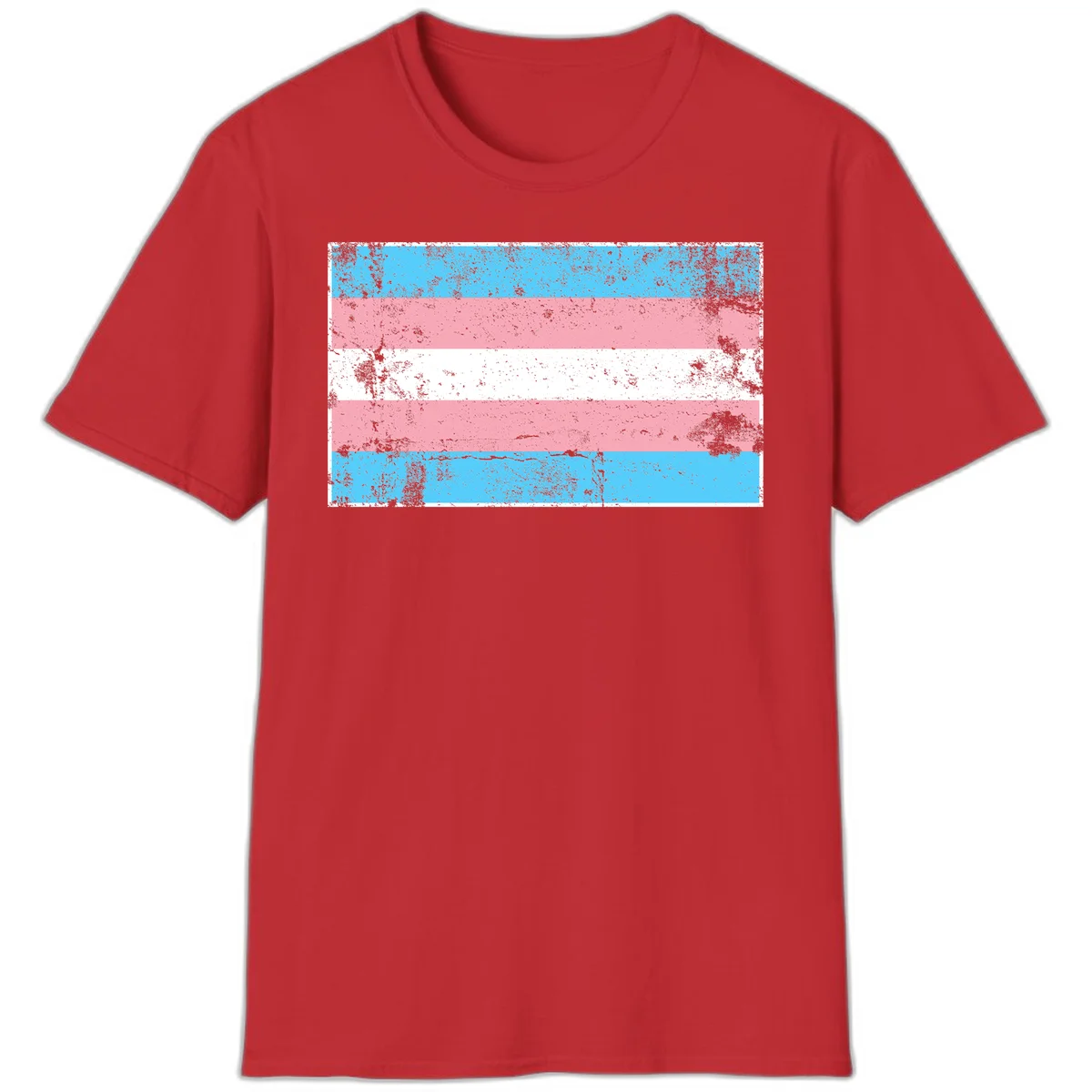 Distressed transgender pride flag with cyan, pink, and white horizontal stripes and weathered grunge texture in Red