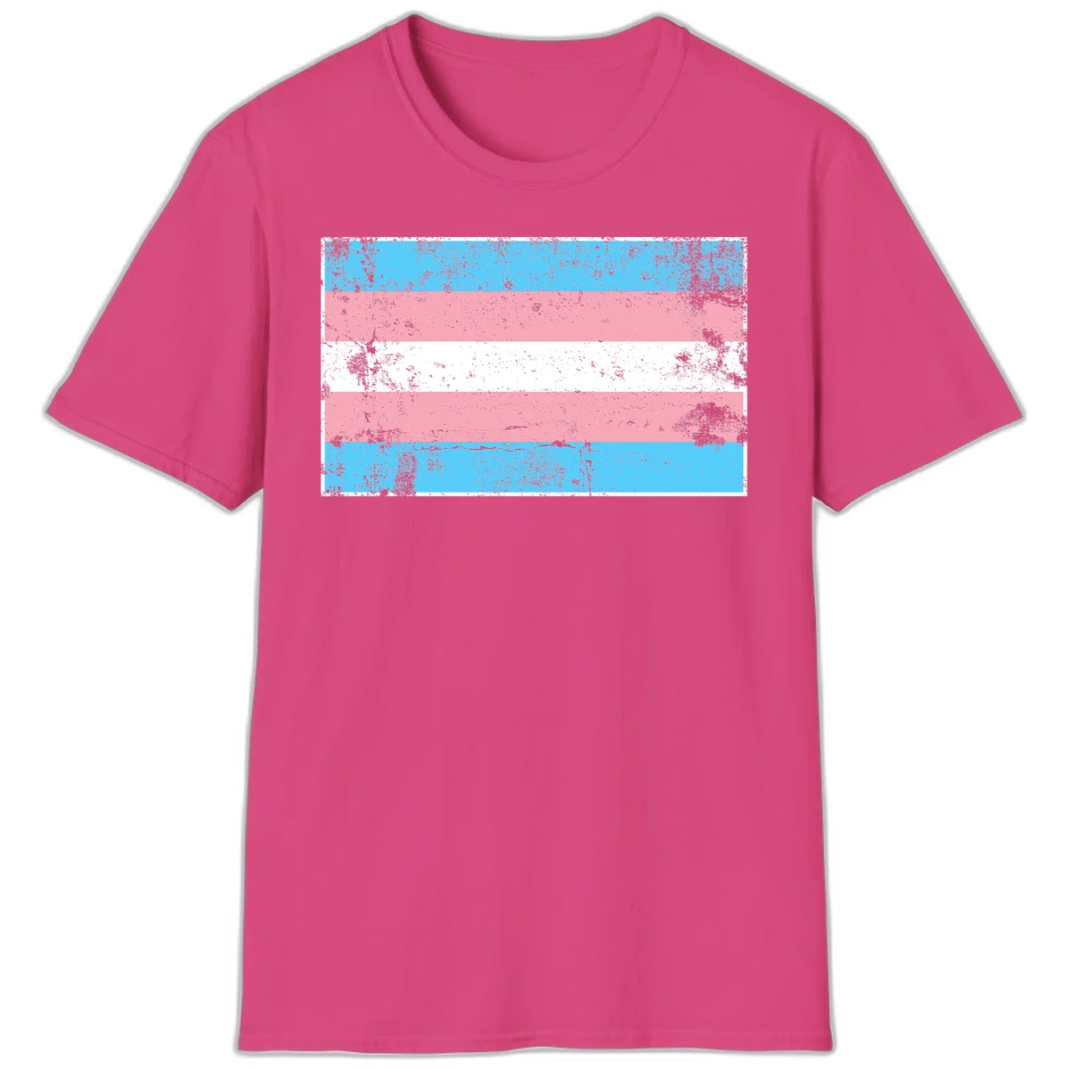 Distressed transgender pride flag with cyan, pink, and white horizontal stripes and weathered grunge texture in Heliconia