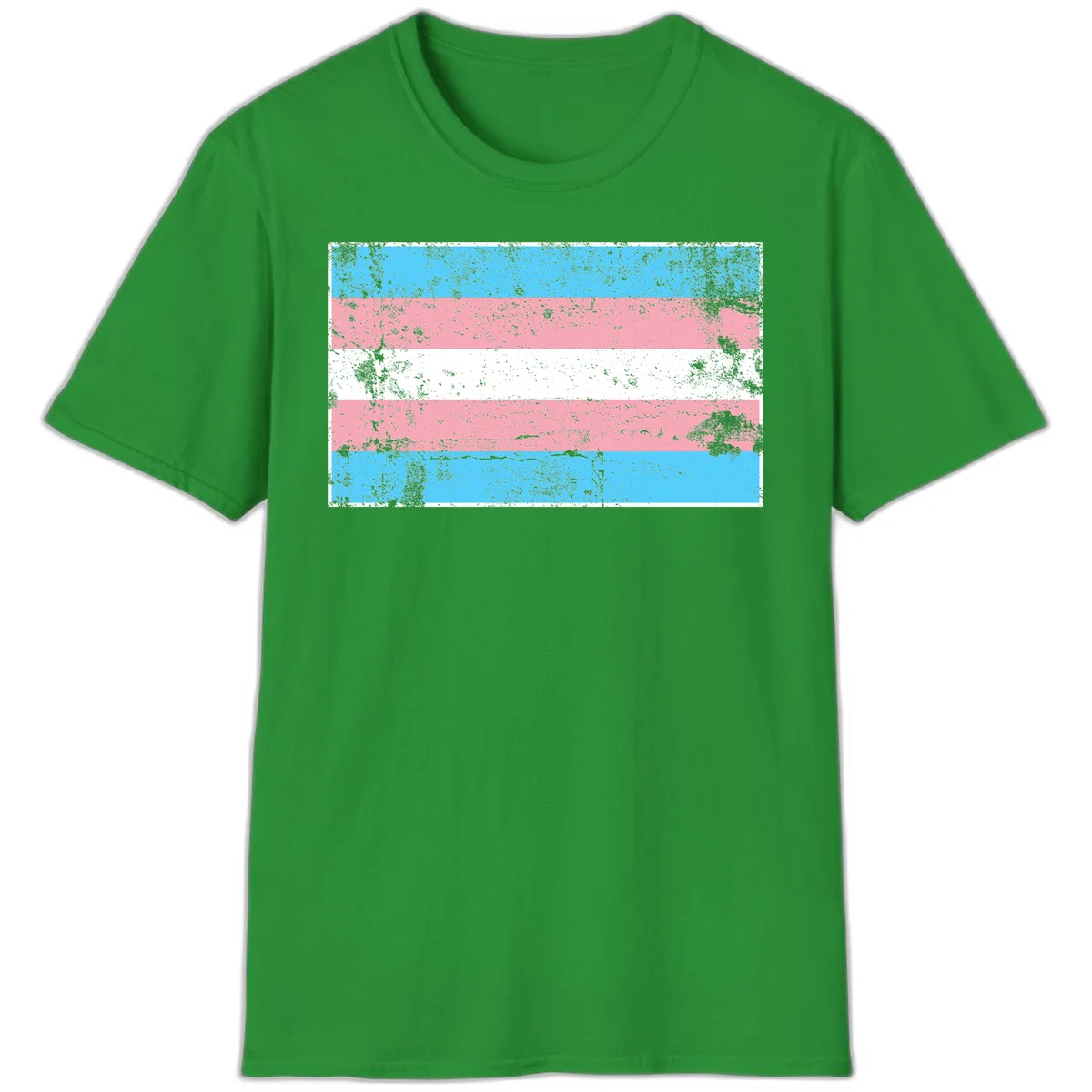 Distressed transgender pride flag with cyan, pink, and white horizontal stripes and weathered grunge texture in Irish Green