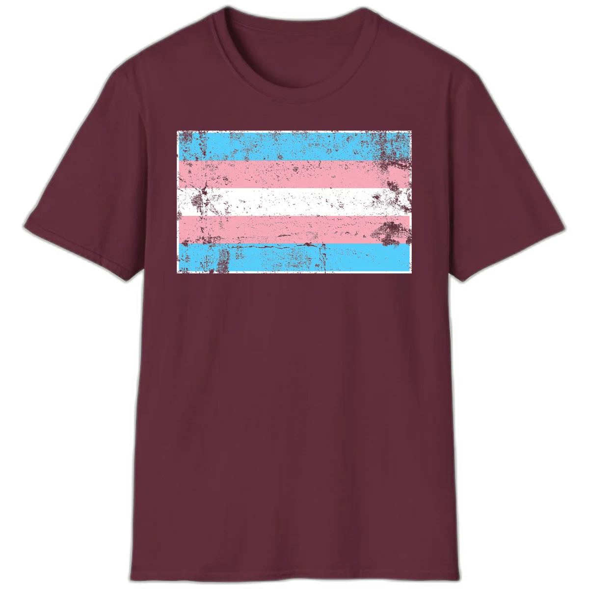 Distressed transgender pride flag with cyan, pink, and white horizontal stripes and weathered grunge texture in Maroon