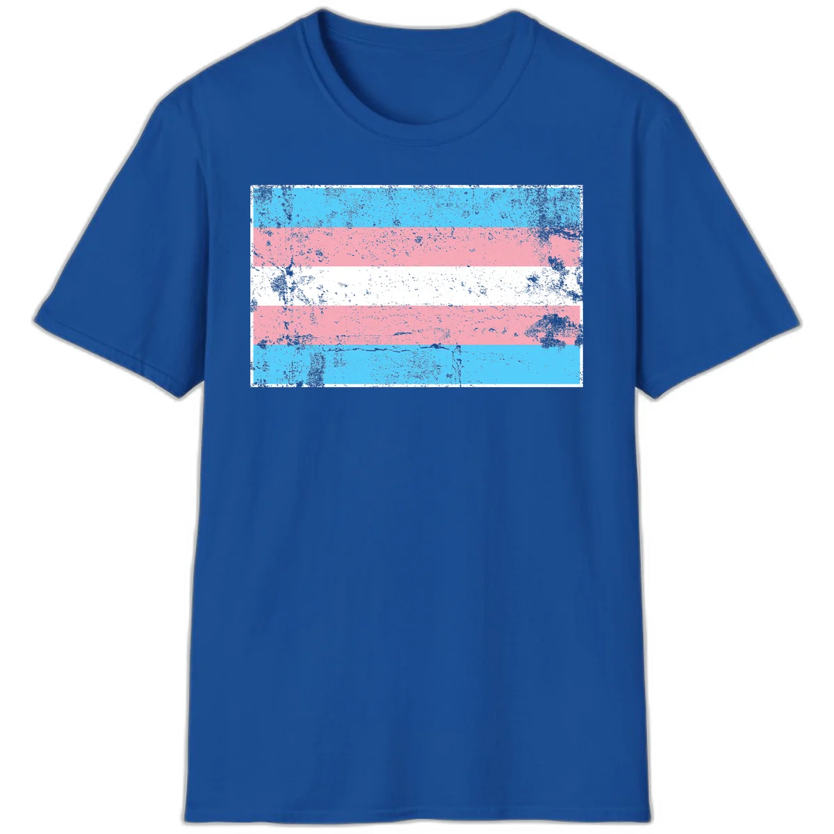 Distressed transgender pride flag with cyan, pink, and white horizontal stripes and weathered grunge texture in Royal