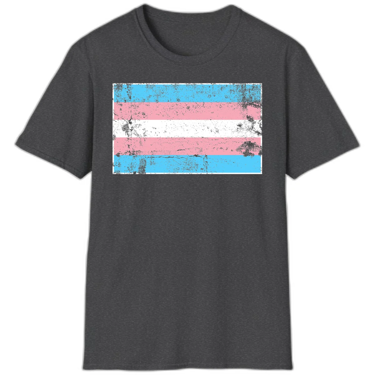 Distressed transgender pride flag with cyan, pink, and white horizontal stripes and weathered grunge texture in Dark Heather