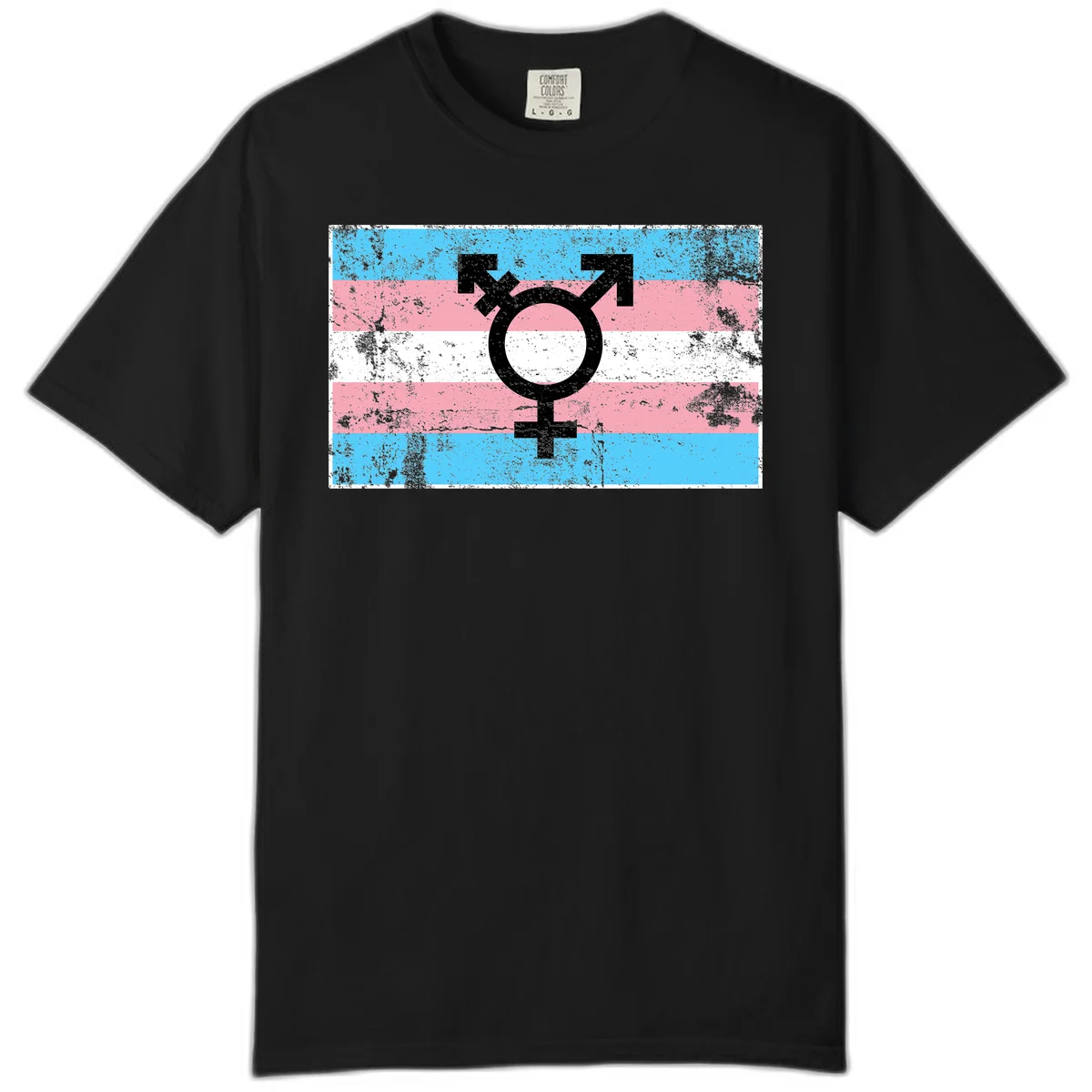 Transgender pride symbol with male and female combined icon on cyan, pink, and white striped distressed flag background in Black