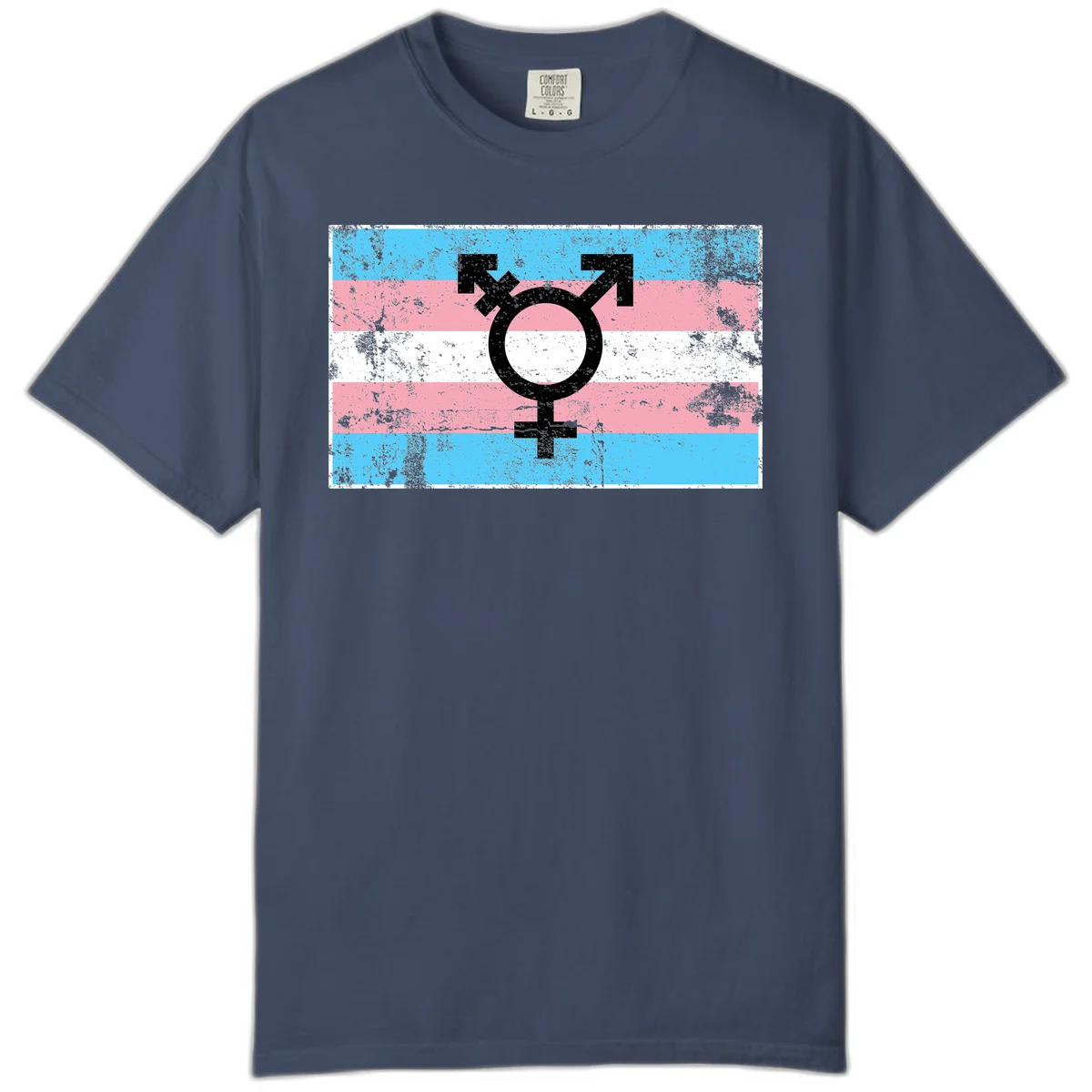 Transgender pride symbol with male and female combined icon on cyan, pink, and white striped distressed flag background in Midnight