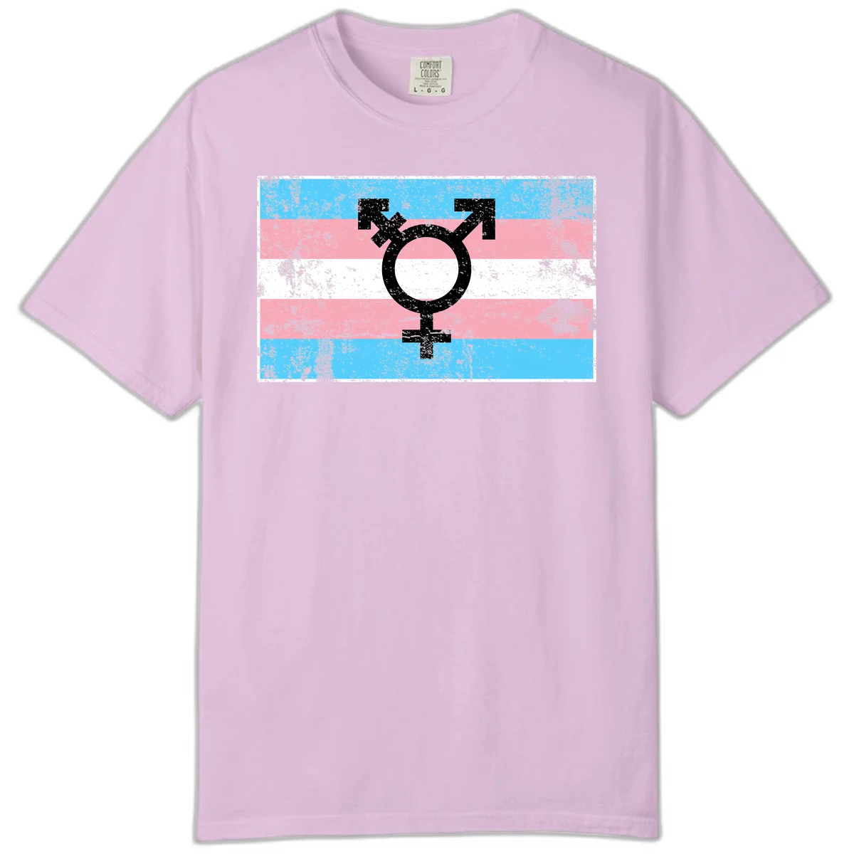 Transgender pride symbol with male and female combined icon on cyan, pink, and white striped distressed flag background in Orchid