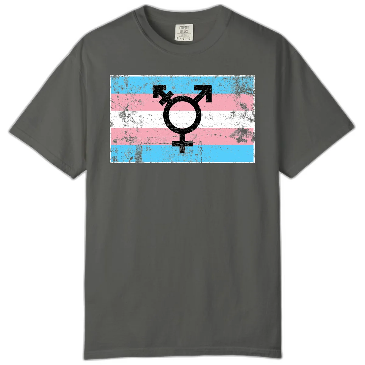 Transgender pride symbol with male and female combined icon on cyan, pink, and white striped distressed flag background in Pepper