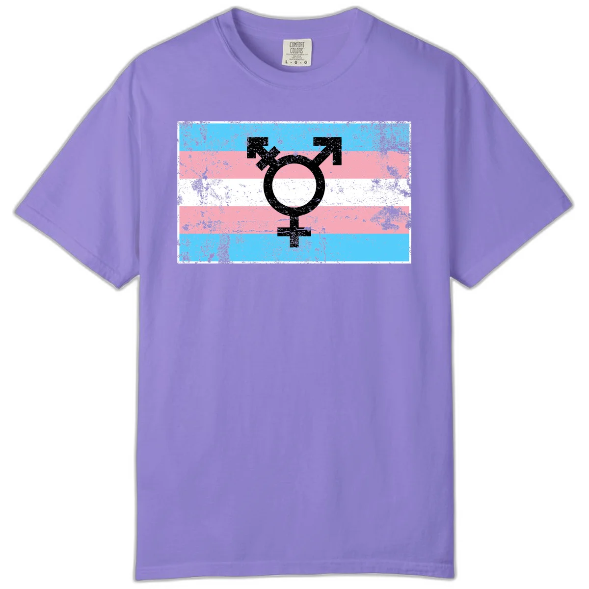 Transgender pride symbol with male and female combined icon on cyan, pink, and white striped distressed flag background in Violet