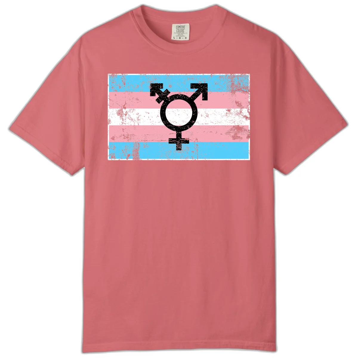 Transgender pride symbol with male and female combined icon on cyan, pink, and white striped distressed flag background in Watermelon