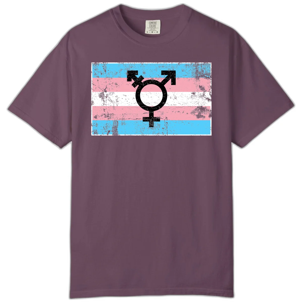 Transgender pride symbol with male and female combined icon on cyan, pink, and white striped distressed flag background in Berry