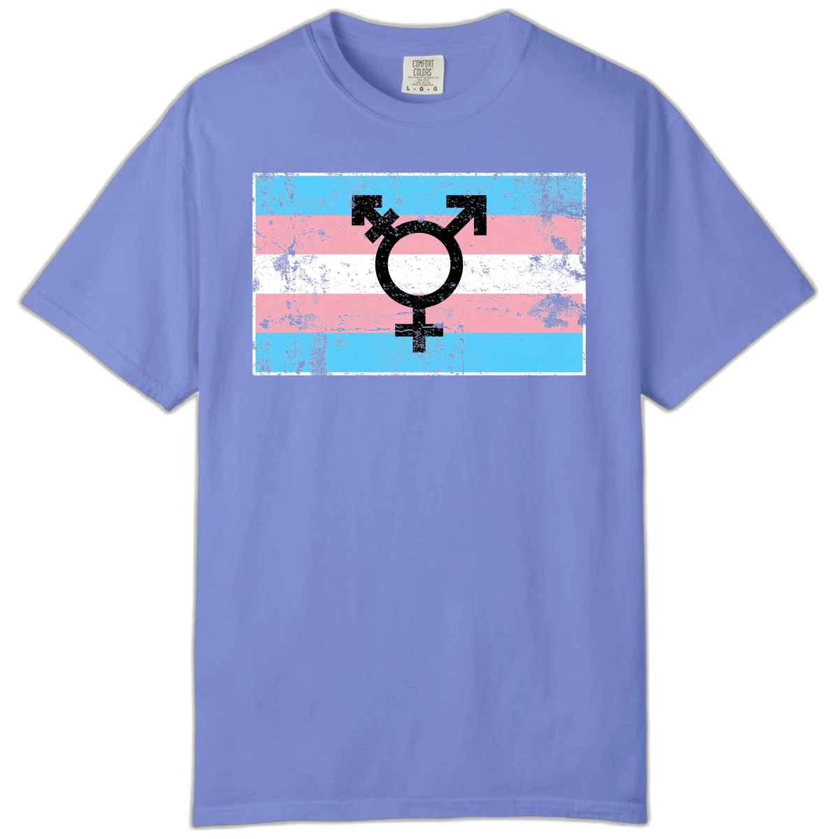 Transgender pride symbol with male and female combined icon on cyan, pink, and white striped distressed flag background in Flo Blue