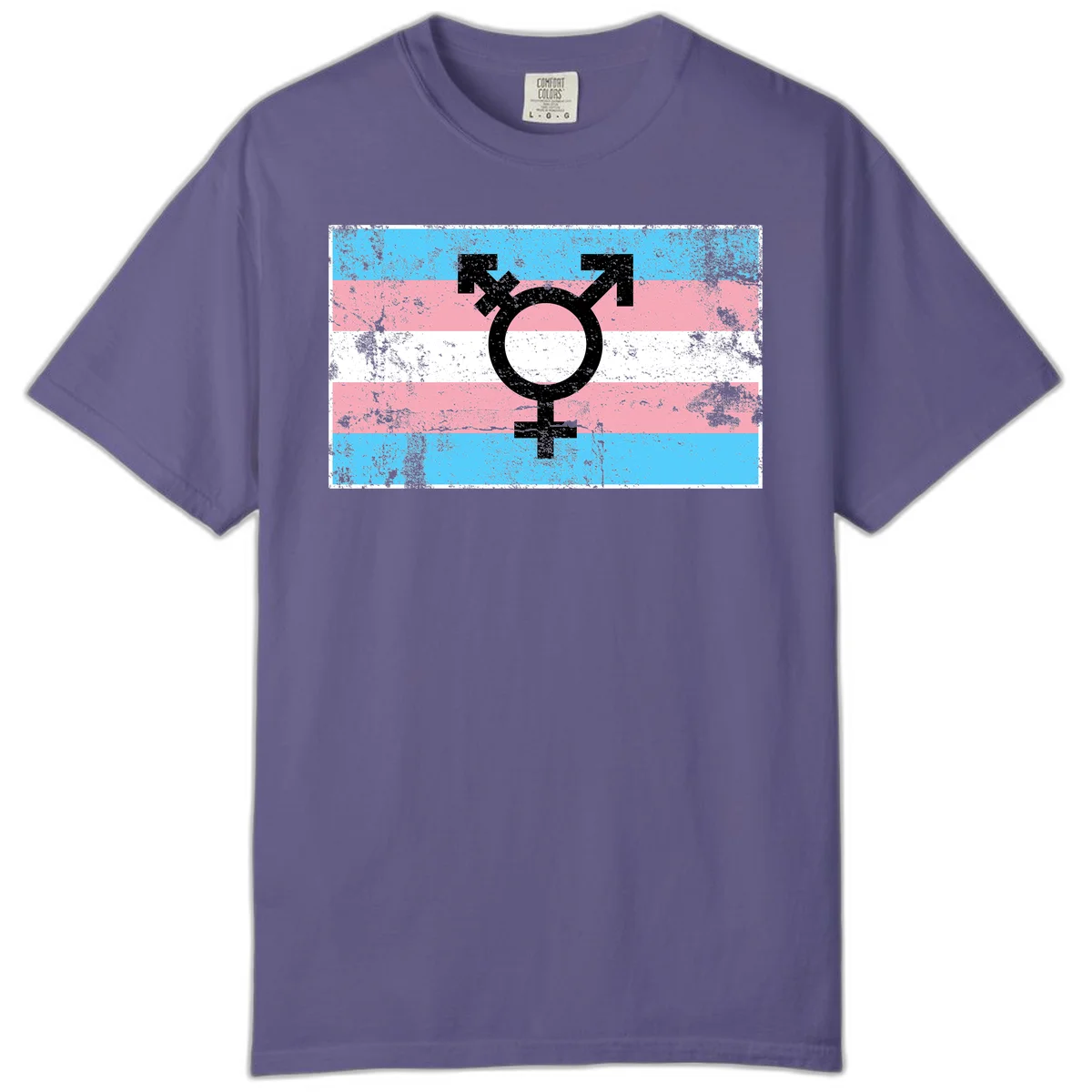 Transgender pride symbol with male and female combined icon on cyan, pink, and white striped distressed flag background in Grape