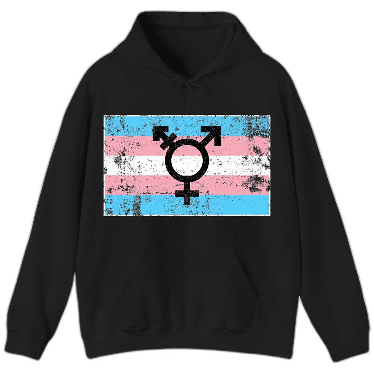 Transgender pride symbol with male and female combined icon on cyan, pink, and white striped distressed flag background in Black